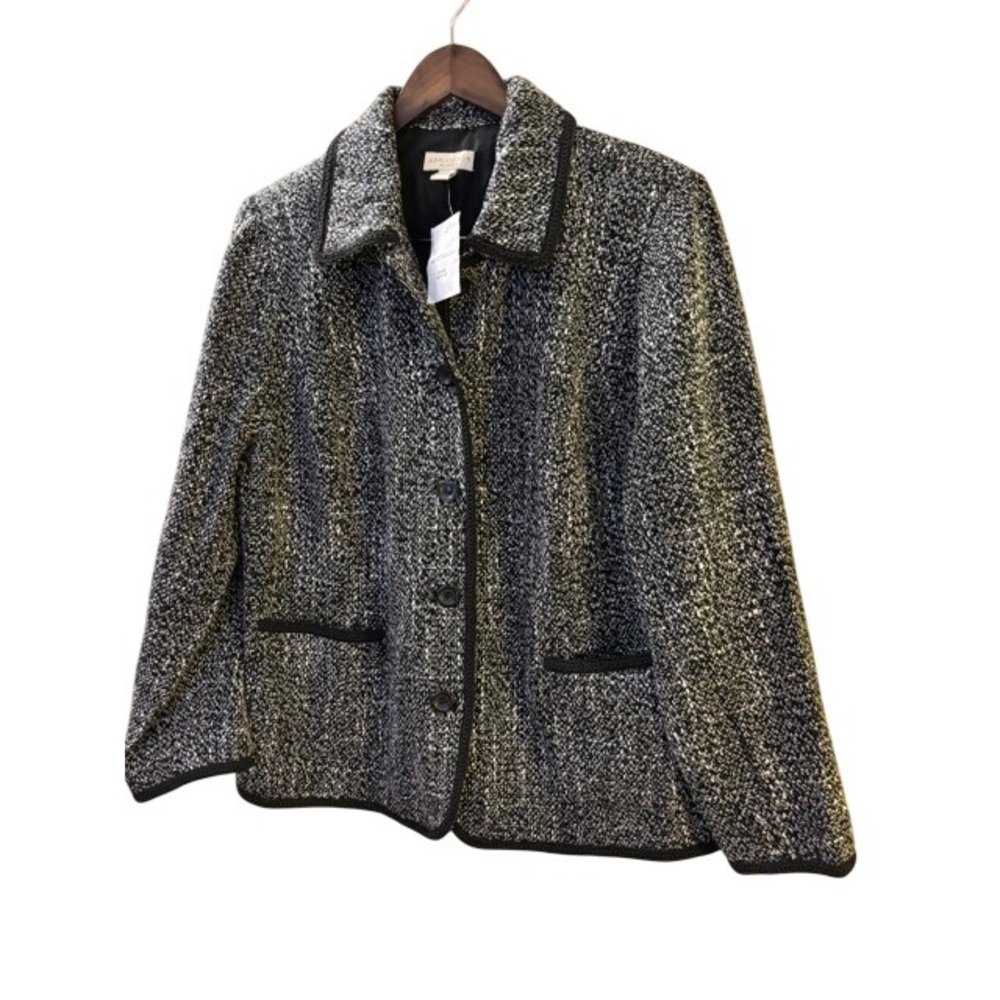 Appleseed's Women's 20W Tweed Blazer Black White Braided Trim Wool Blend NWT